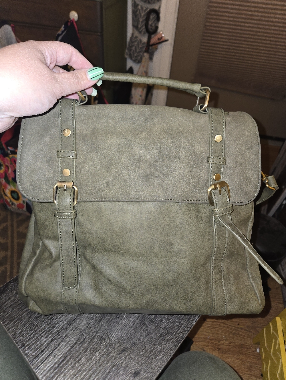 Olive Green Faux Leather Top-Handle Satchel Backpack - Women Bags